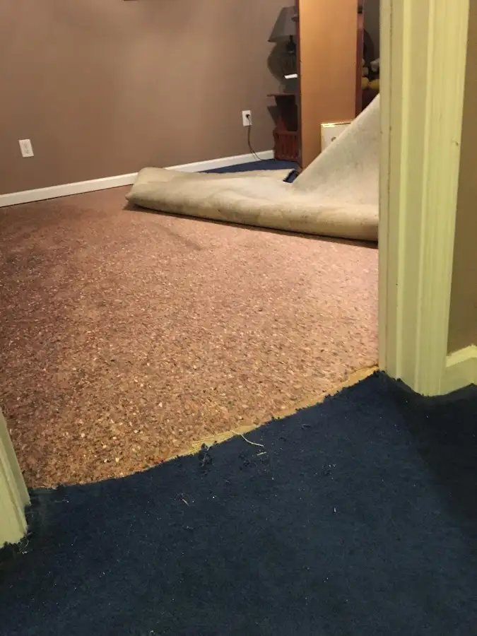 Carpet pad removal revealing water damage during Drying & Dehumidification in Shawnee